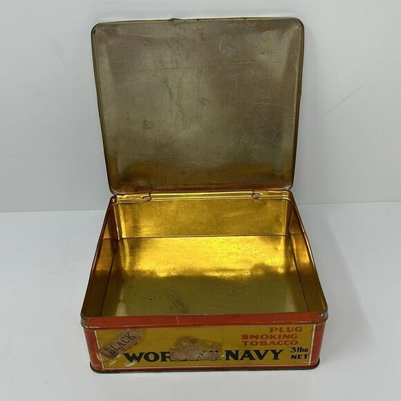 ANTIQUE~WORLD'S NAVY~PLUG SMOKING TOBACCO~3 LB. ADVERTISING LITHO TIN~QUEBEC - Picture 7 of 7